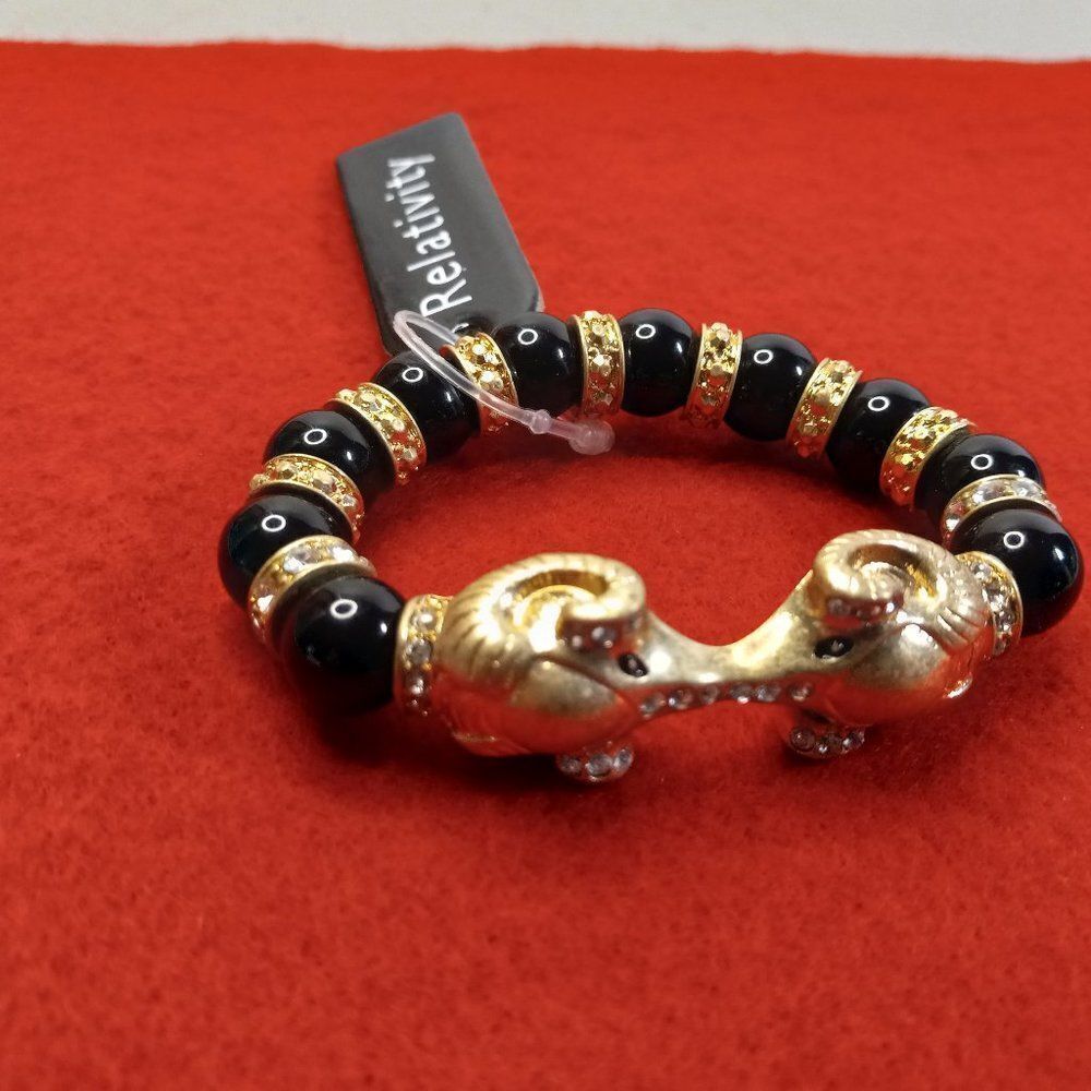 NWT Relativity Rams/Elephant Heads Jet and gold colored Beaded Bracelet